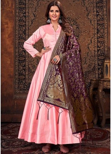 Readymade Pink Anarkali Suit With Zari Woven Dupatta