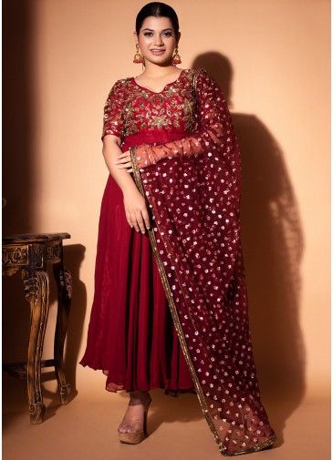 Readymade Maroon Sequinned Anarkali Suit With Dupatta