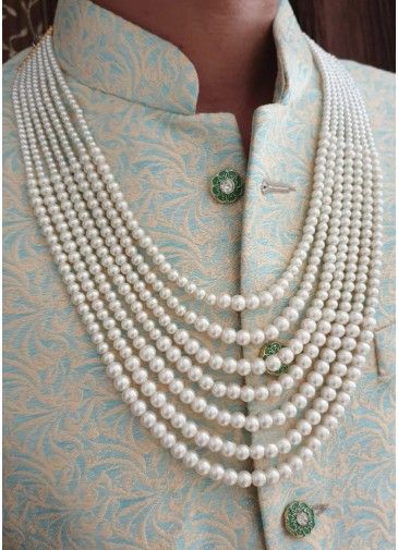 White Pearls Mens Layered Kantha Mala