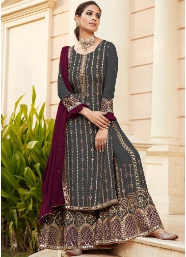 Grey Embroidered Georgette Palazzo Suit