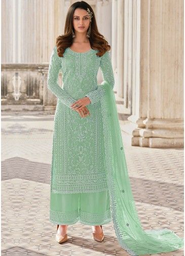 Green Net Palazzo Suit In Dori Embroidery
