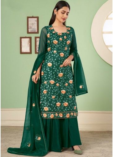 Green Thread Embroidered Palazzo Suit In Georgette