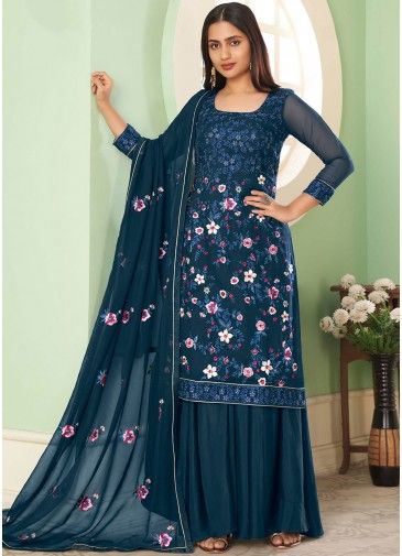 Blue Palazzo Style Suit In Floral Embroidery
