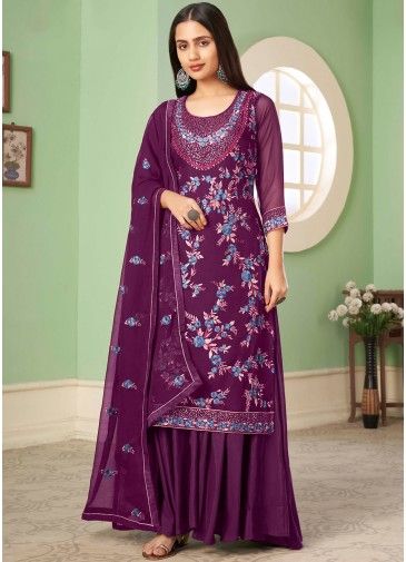 Purple Floral Embroidered Palazzo Suit & Dupatta