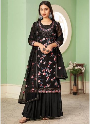 Black Embroidered Georgette Palazzo Suit Set 