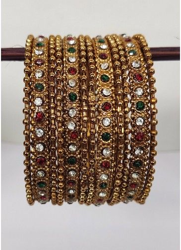 Golden Bangle Set With Multicolor Stones