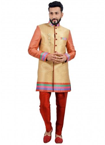 Readymade Golden Brocade Woven Sherwani Pant Set