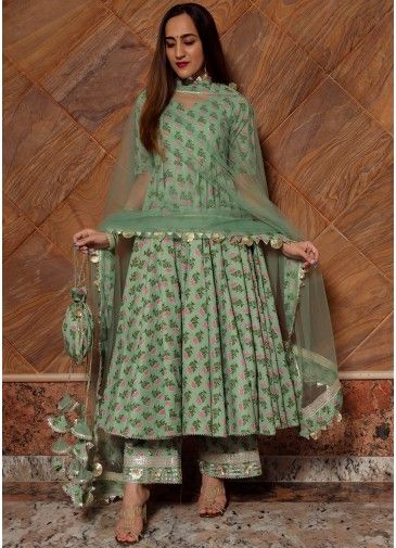 Green Readymade Hand Block Print Anarkali Suit Set