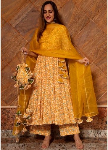 Yellow Readymade Printed Angrakha Suit Set 