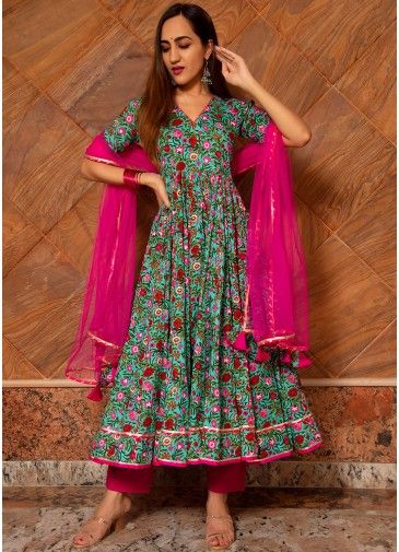 Green Readymade Floral Printed Anarkali Pant Suit Set