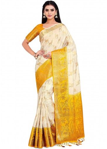 Cream Kanjivaram Saree With Contrast Woven Pallu