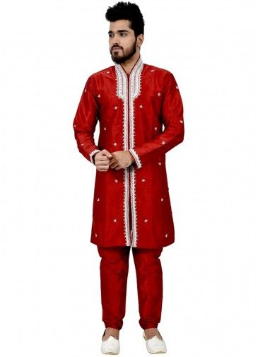 Red Embroidered Front Slit Style Sherwani With Churidar