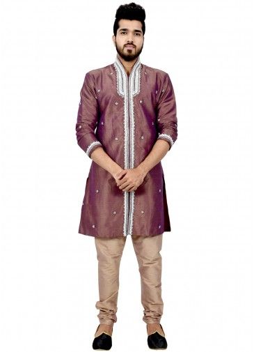 Brown Embroidered Front Slit Style Sherwani With Churidar