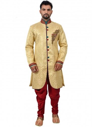 Golden Asymmetric Woven Readymade Sherwani Dhoti Set