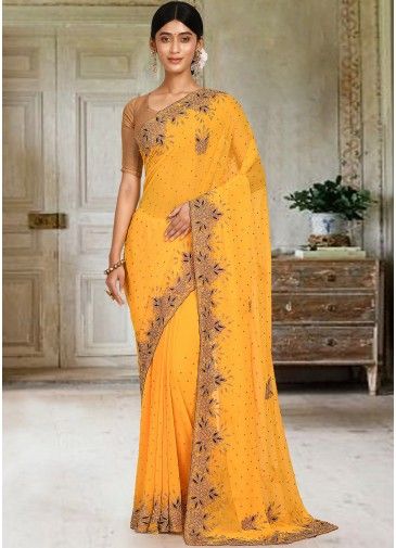 Yellow Embellished Saree In Georgette