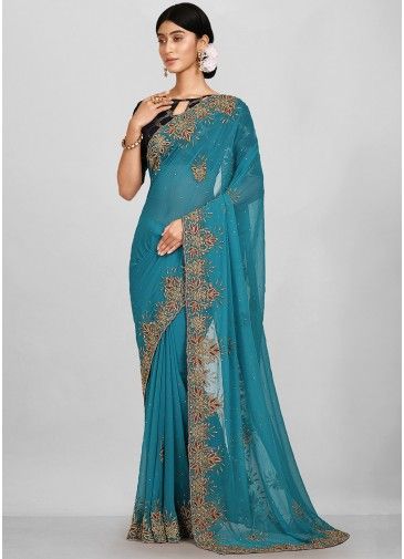 Blue Stone Embellished Saree In Georgette