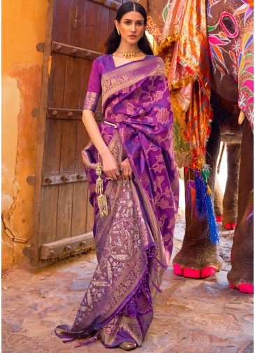 Purple Zari Classic Silk Saree With Blouse