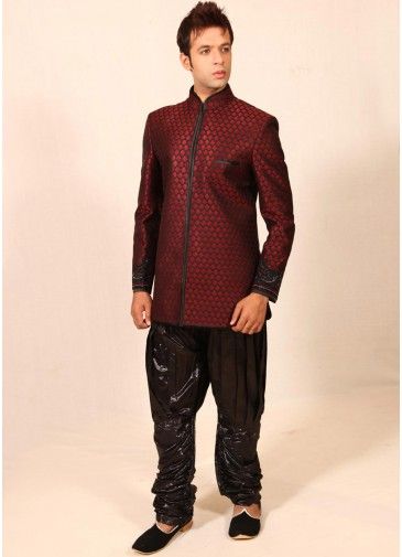 Readymade Maroon Woven Sherwani With Breeches