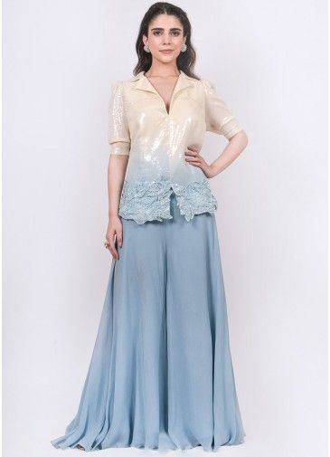Shaded Cream & Blue Embellished Top With Palazzo
