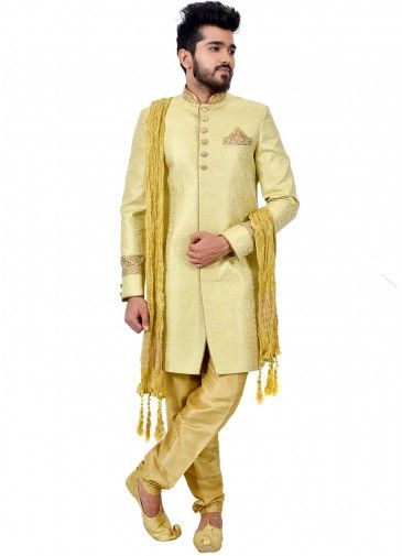 Yellow Brocade Woven Sherwani With Churidar