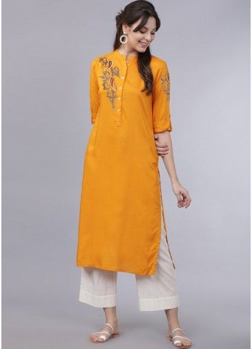 Yellow Embroidered Readymade Kurta Set In Rayon
