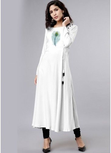 Readymade White Embroidered Kurta Set In Rayon