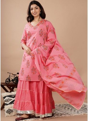 Pink Hand Block Printed Sharara Suit Set
