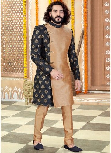 Black and Golden Woven Readymade Sherwani Trouser Set
