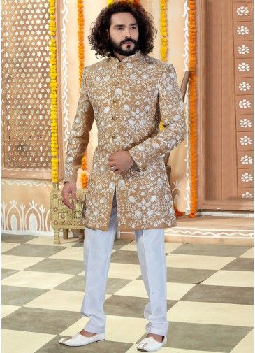 Golden Floral Embroidered Art Silk Sherwani With Trouser
