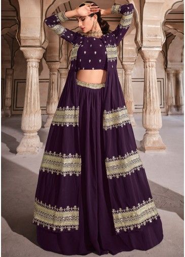 Purple Skirt Top Set With Embroidered Jacket
