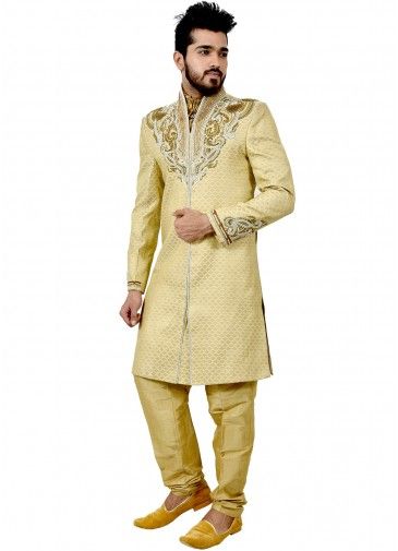 Golden Brocade Woven Front Slit Sherwani With Churidar