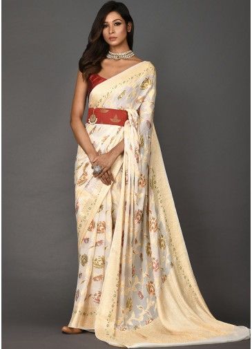 Off White Floral Woven Georgette Saree