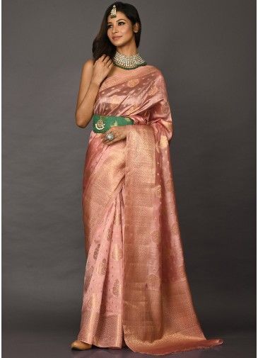 Festive Pink Woven Saree In Art Silk
