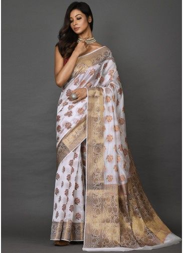 White Festive Zari Woven Saree In Art Silk