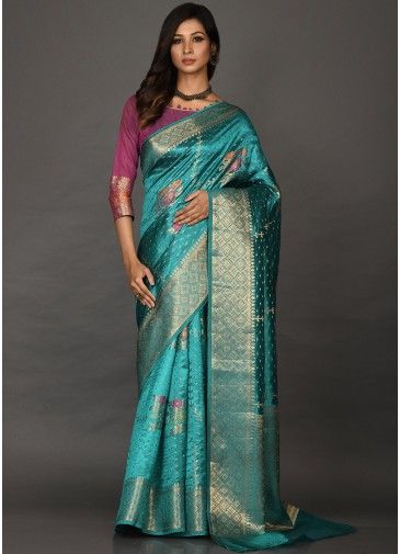 Blue Art Silk Saree With Floral Woven Patterns