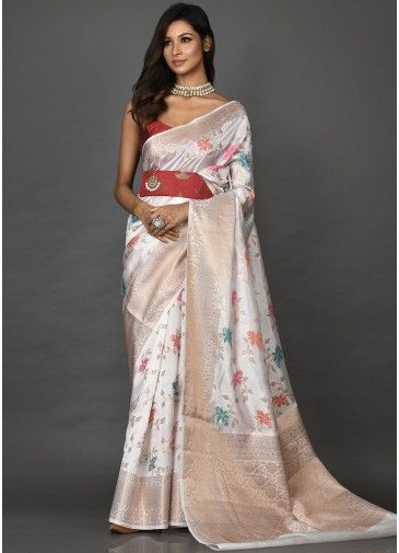 White Art Silk Saree With Floral Woven Patterns