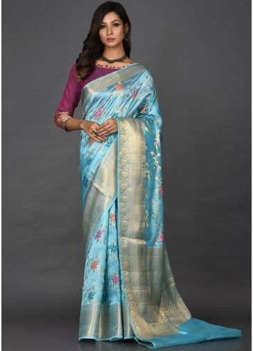 Blue Floral Woven Party Wear Saree