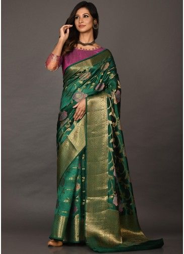 Green Art Silk Saree With Floral Woven Work