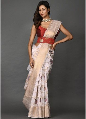 White Floral Art Silk Saree With Blouse