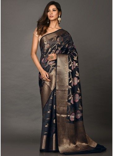 Black Floral Art Silk Saree With Blouse
