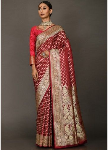 Maroon Bridal Woven Saree In Art Silk