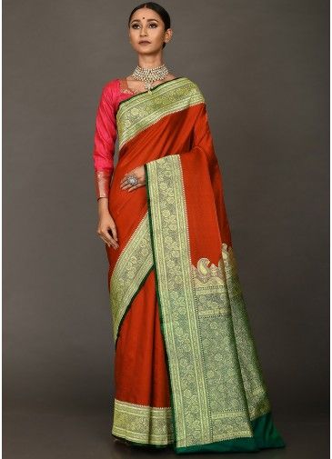 Orange Woven Handloom Saree In Art Silk