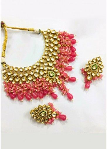Pink Kundan Studded Festive Necklace And Earrings Set