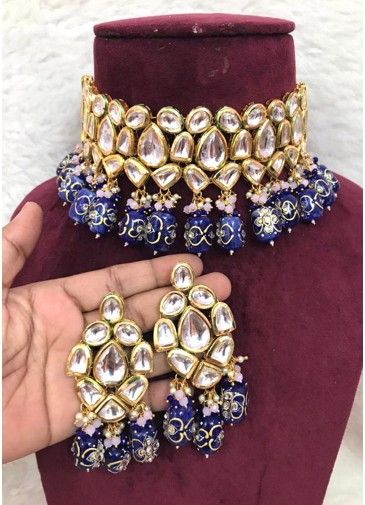 Blue Kundan Choker Necklace And Earrings Set