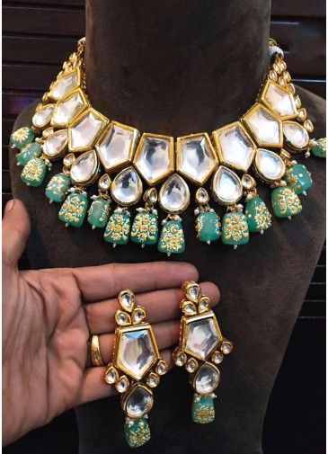 Green Alloy Based Necklace With Earrings Set