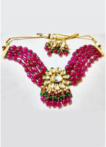 Pink Beaded Festive Necklace Set