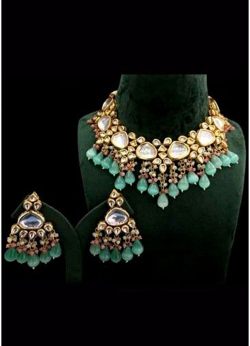 Green Alloy Based Festive Kundan Necklace Set