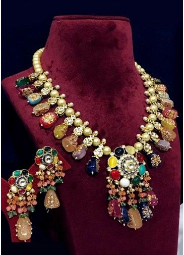 Multicolor Alloy Necklace Set With Kundan Work