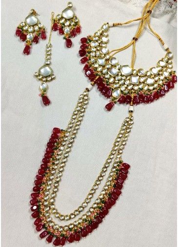 Maroon Bridal Kundan Studded Necklace Set