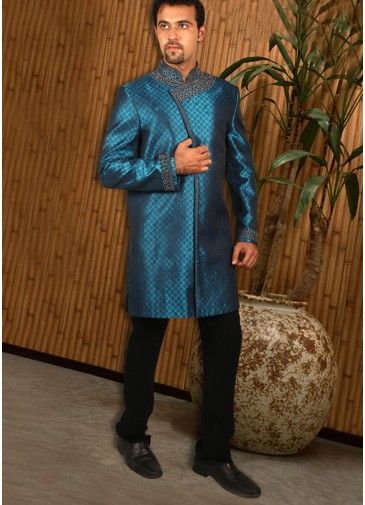 Blue Readymade Woven Brocade Sherwani Churidar Set